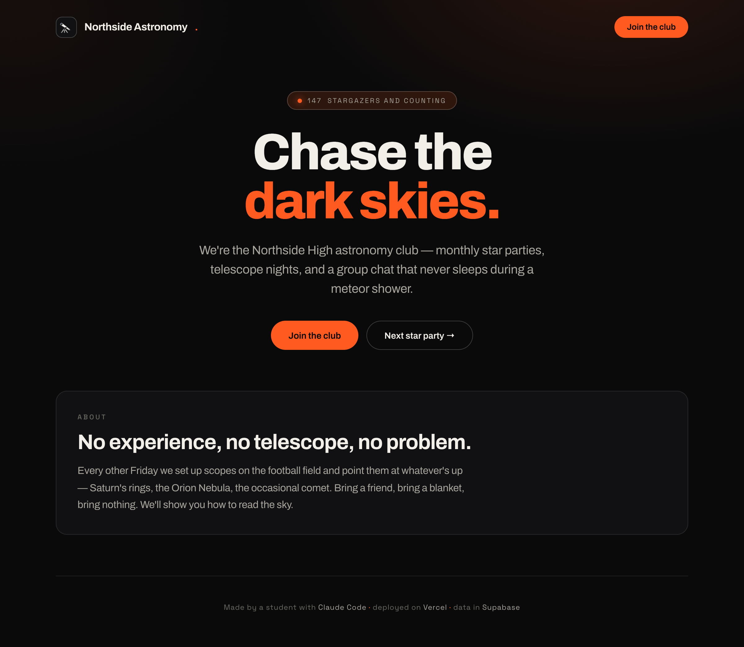 The demo club site, live on the internet