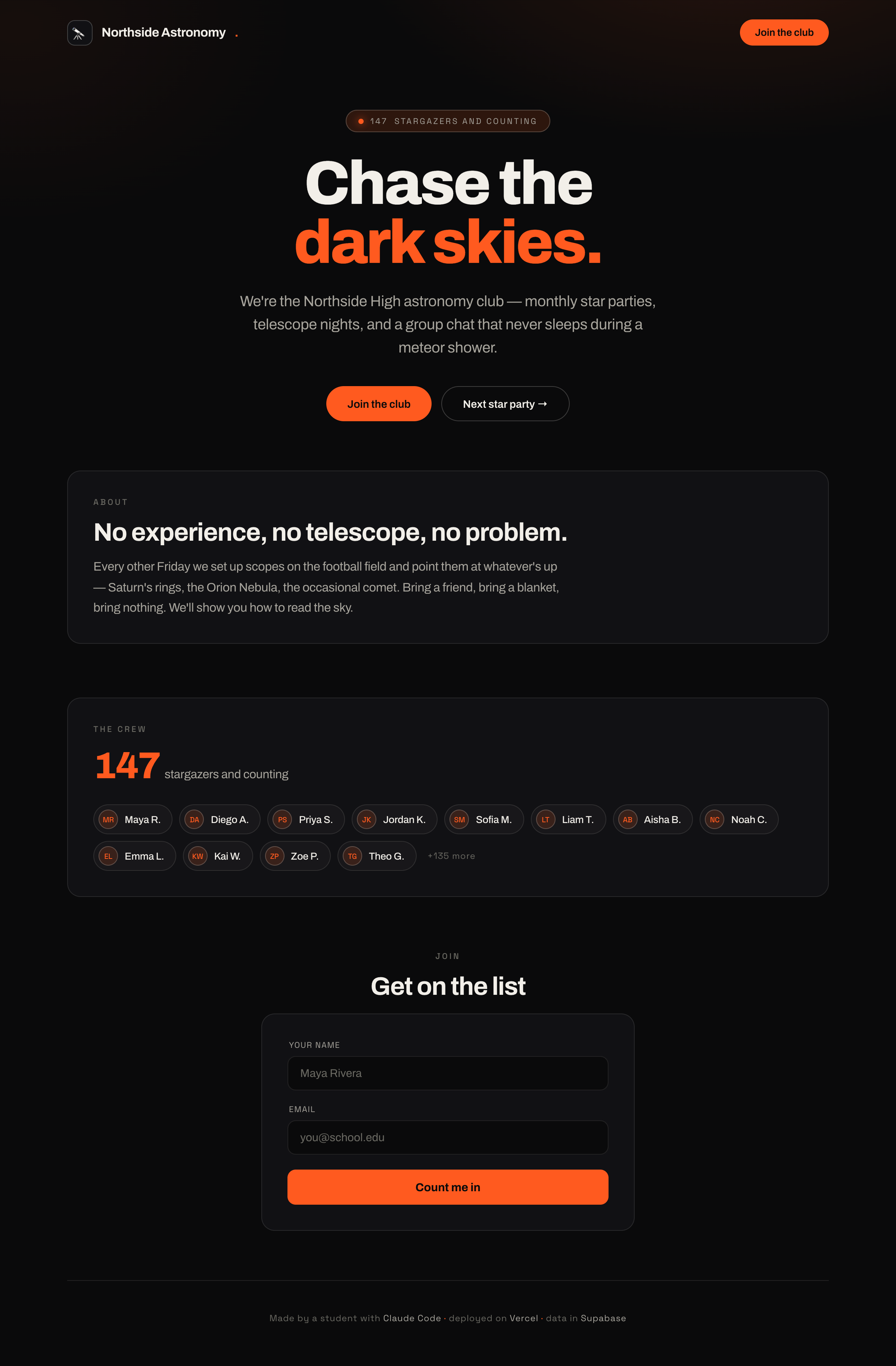 The demo club site's working signup form
