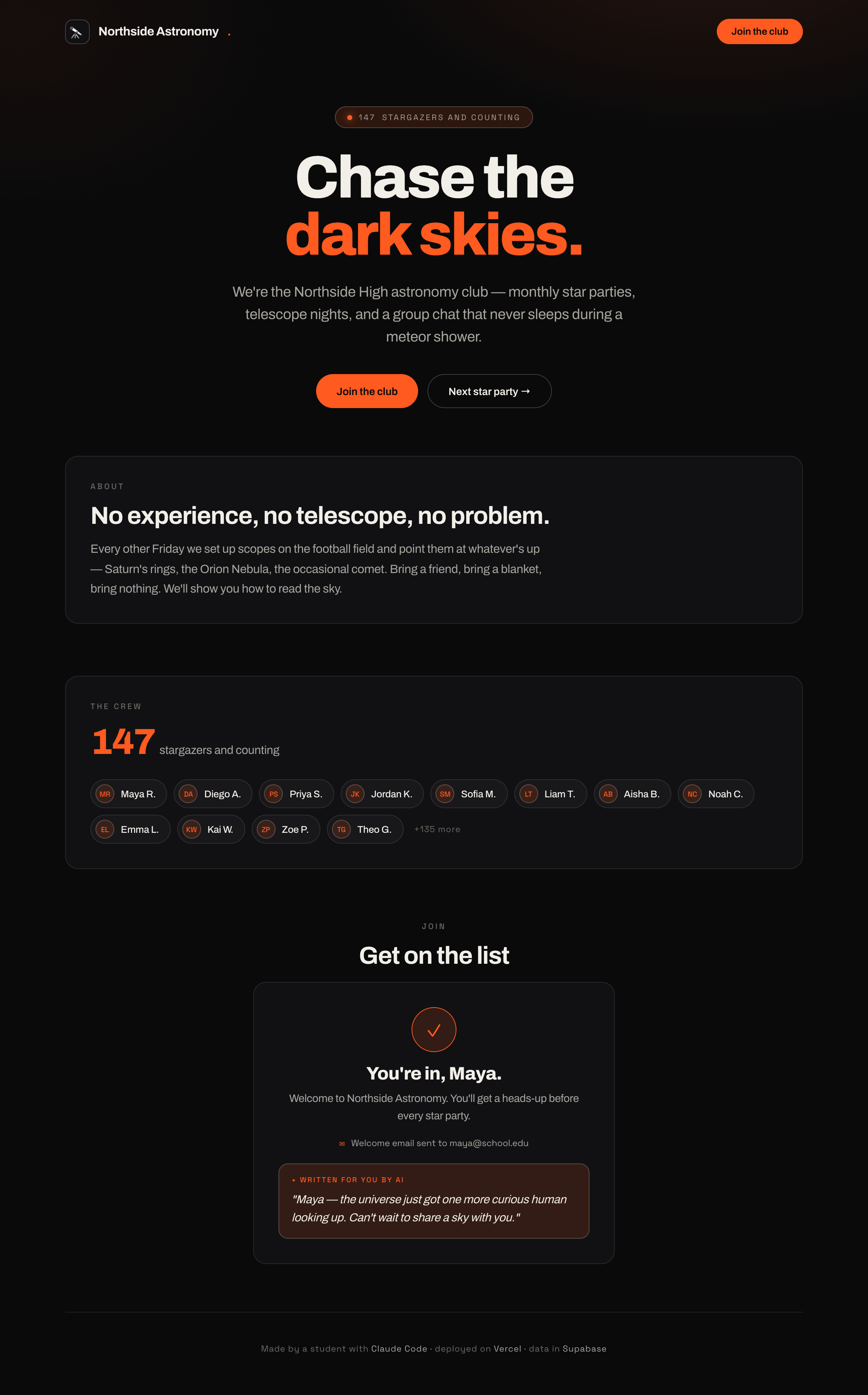 The demo club site showing an AI-written welcome line